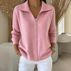 Women's Knit Zip-Up Cardigan with Wide Collar, Pink, view 1