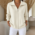 Women's Knit Zip-Up Cardigan with Wide Collar, Cream, view 3