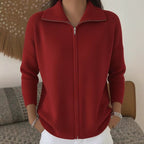 Women's Knit Zip-Up Cardigan with Wide Collar, Red, view 5