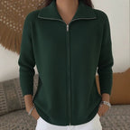 Women's Knit Zip-Up Cardigan with Wide Collar, Green, view 7