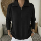 Women's Knit Zip-Up Cardigan with Wide Collar, Black, view 9