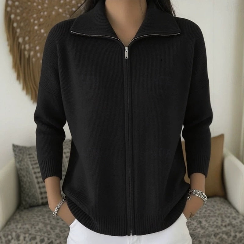 Women's Knit Zip-Up Cardigan with Wide Collar, Black, view 9
