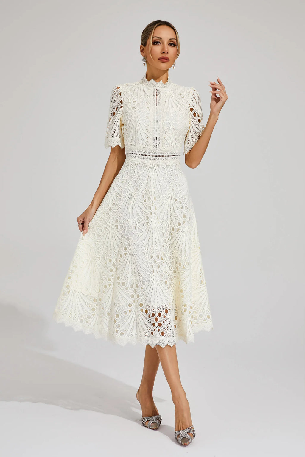 Women's Lace Midi Dress with High Neck and A-Line Skirt, Creme White, view 1