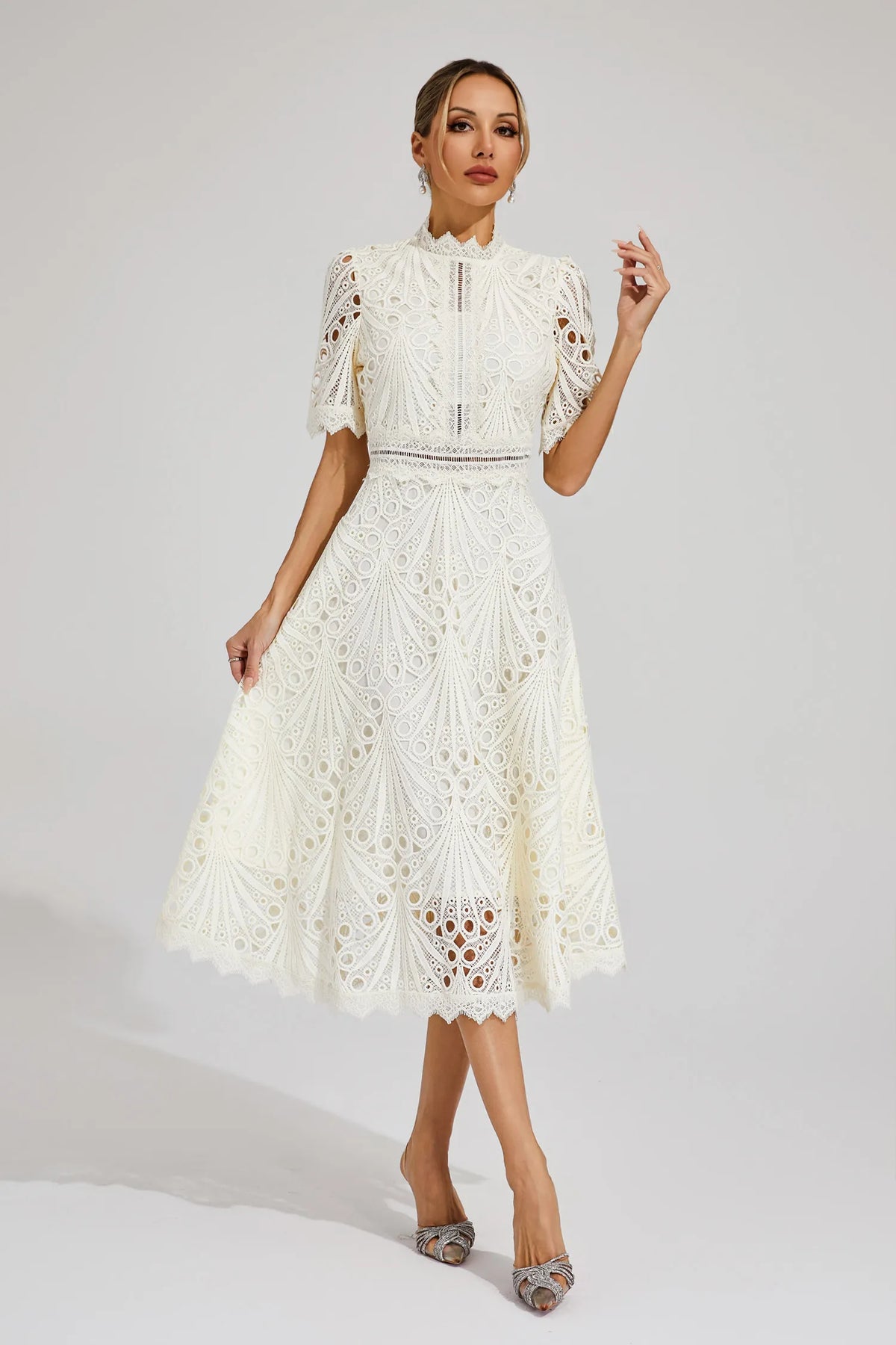 Women's Lace Midi Dress with High Neck and A-Line Skirt, Creme White, view 1
