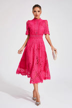 Women's Lace Midi Dress with High Neck and A-Line Skirt, Pink, view 4