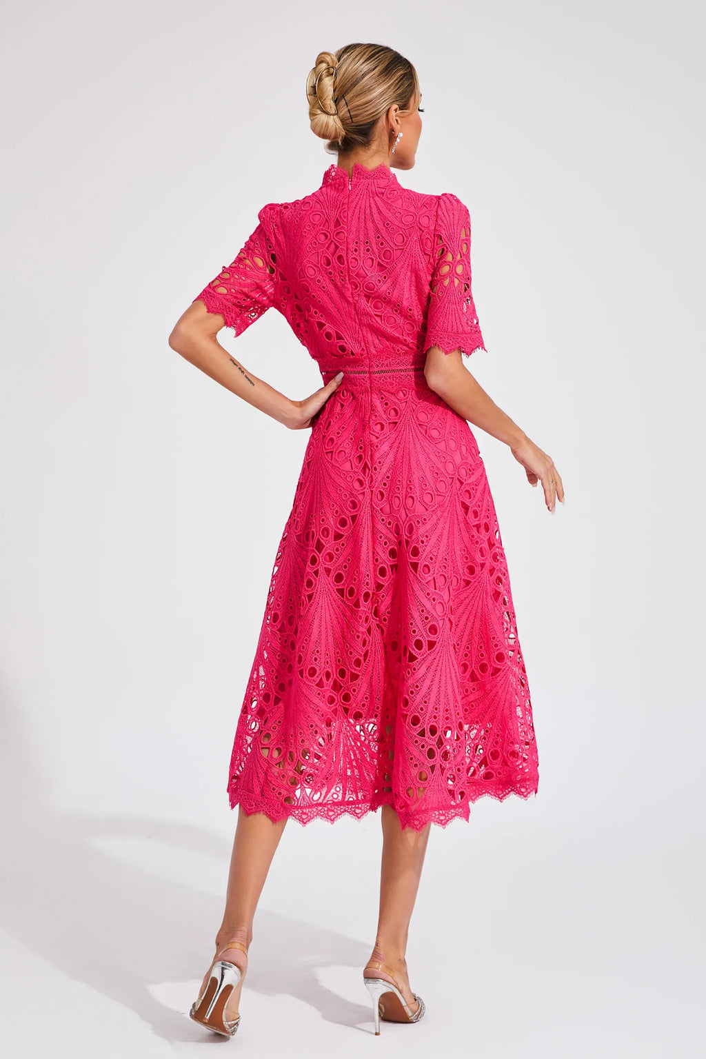 Women's Lace Midi Dress with High Neck and A-Line Skirt, view 5