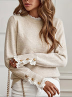 Women's Lace Trim Jumper with Gold-Button Cuffs, Beige, view 1