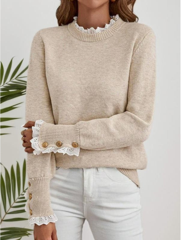 Women's Lace Trim Jumper with Gold-Button Cuffs, view 2