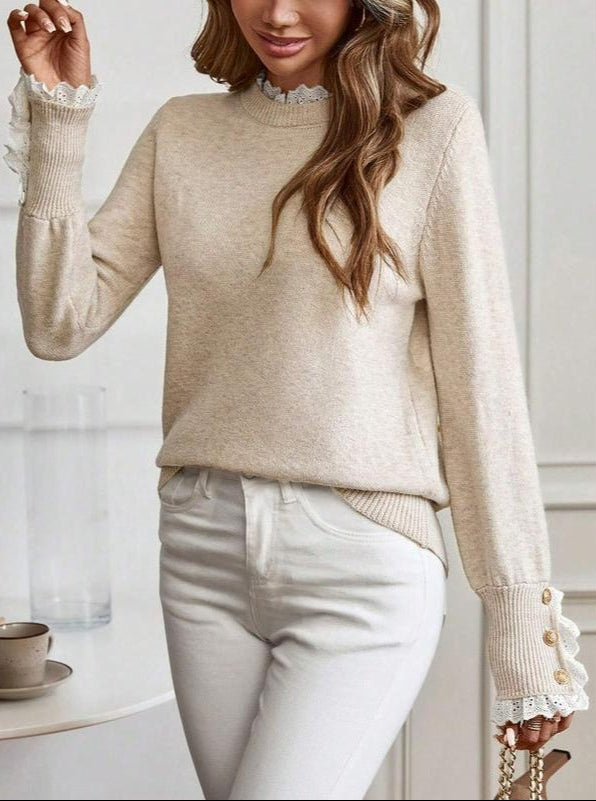 Women's Lace Trim Jumper with Gold-Button Cuffs, view 3
