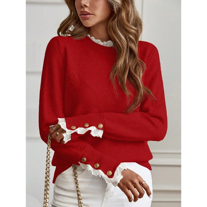 Women's Lace Trim Jumper with Gold-Button Cuffs, Red, view 5