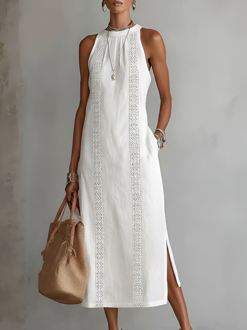 Women's Lace-Trim Midi Dress with Halter Neck and Side Split, White, view 1