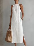 Women's Lace-Trim Midi Dress with Halter Neck and Side Split, White, view 1