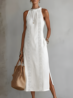 Women's Lace-Trim Midi Dress with Halter Neck and Side Split, White, view 1