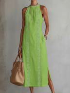 Women's Lace-Trim Midi Dress with Halter Neck and Side Split, Green, view 3