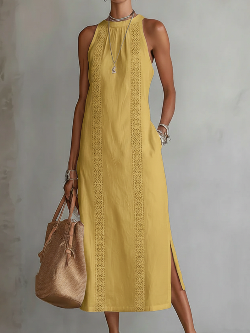 Women's Lace-Trim Midi Dress with Halter Neck and Side Split, Yellow, view 4