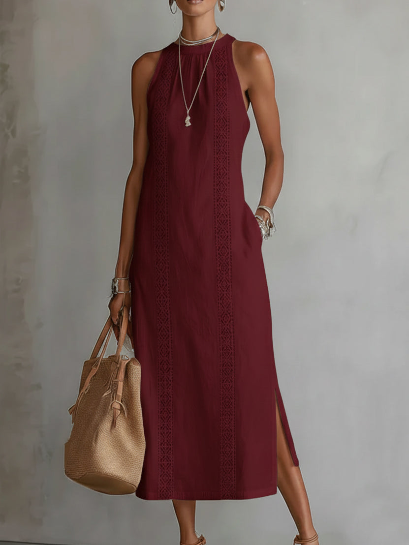 Women's Lace-Trim Midi Dress with Halter Neck and Side Split, Red, view 5
