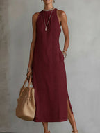 Women's Lace-Trim Midi Dress with Halter Neck and Side Split, Red, view 5