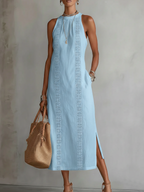 Women's Lace-Trim Midi Dress with Halter Neck and Side Split, Blue, view 6