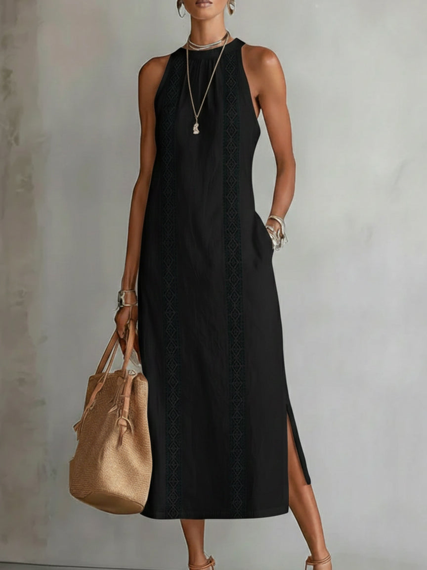 Women's Lace-Trim Midi Dress with Halter Neck and Side Split, Black, view 7