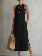 Women's Lace-Trim Midi Dress with Halter Neck and Side Split, Black, view 7
