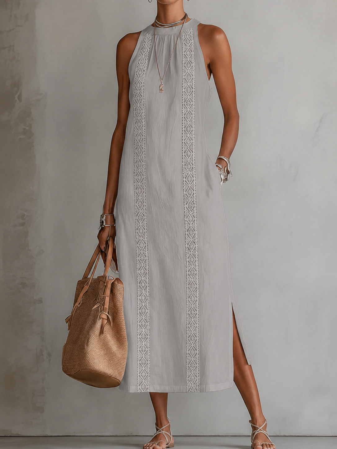 Women's Lace-Trim Midi Dress with Halter Neck and Side Split, Grey, view 8