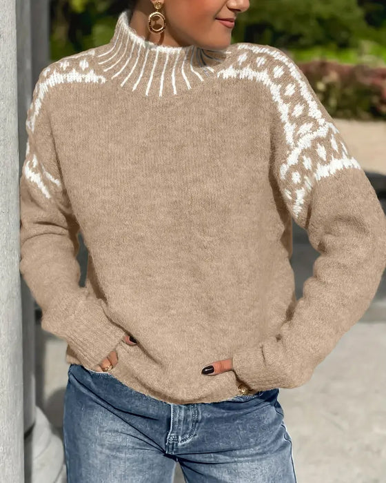 Women's Leopard-Print Yoke Mock-Neck Jumper, Khaki, view 3