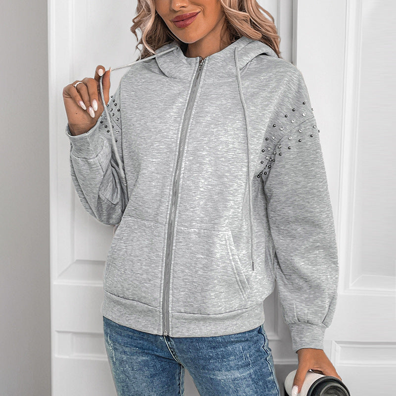 Women's Light Grey Zip-Up Hoodie with Studded Shoulders, view 2