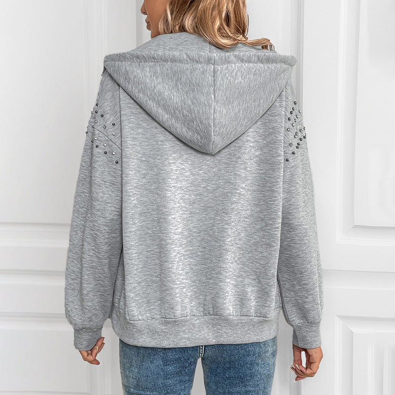 Women's Light Grey Zip-Up Hoodie with Studded Shoulders, view 3