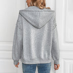 Women's Light Grey Zip-Up Hoodie with Studded Shoulders, view 3