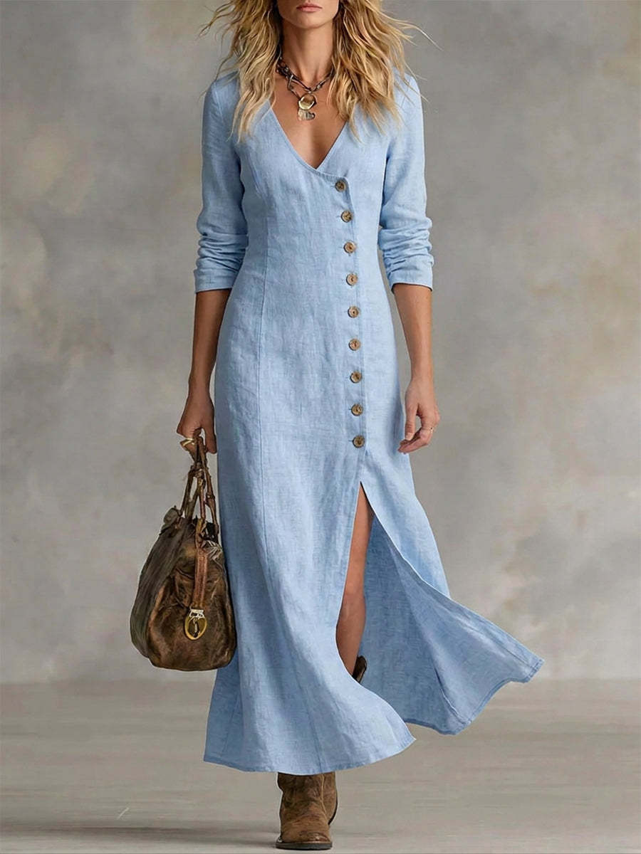 Women's Linen-Style Maxi Dress with Button Front and Split, Blue, view 1
