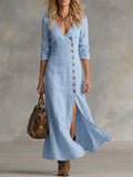 Women's Linen-Style Maxi Dress with Button Front and Split, Blue, view 1