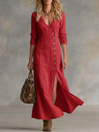 Women's Linen-Style Maxi Dress with Button Front and Split, Red, view 2