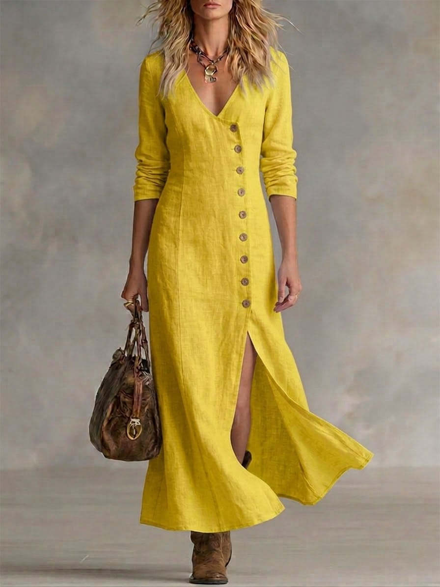 Women's Linen-Style Maxi Dress with Button Front and Split, Yellow, view 3