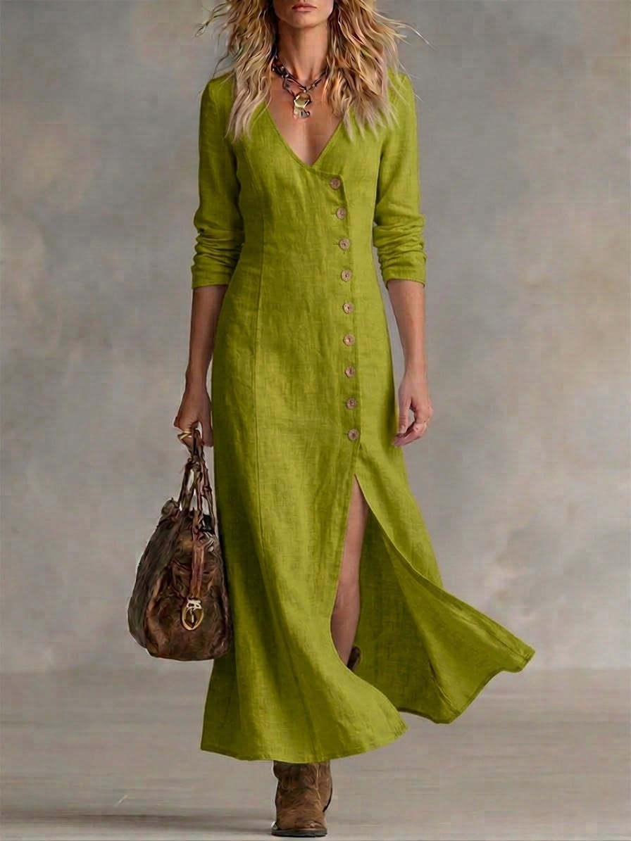 Women's Linen-Style Maxi Dress with Button Front and Split, Green, view 4