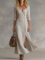 Women's Linen-Style Maxi Dress with Button Front and Split, Grey, view 5