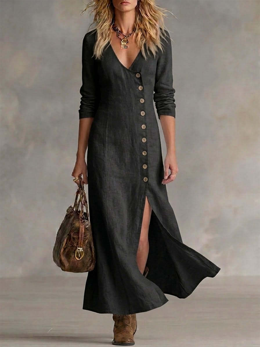Women's Linen-Style Maxi Dress with Button Front and Split, Black, view 6