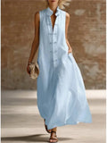 Women's Linen-Style Maxi Dress with Mandarin Collar and Frog Buttons, Sky Blue, view 1