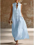 Women's Linen-Style Maxi Dress with Mandarin Collar and Frog Buttons, Sky Blue, view 1