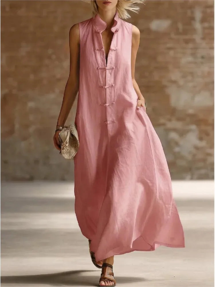 Women's Linen-Style Maxi Dress with Mandarin Collar and Frog Buttons, Pink, view 2