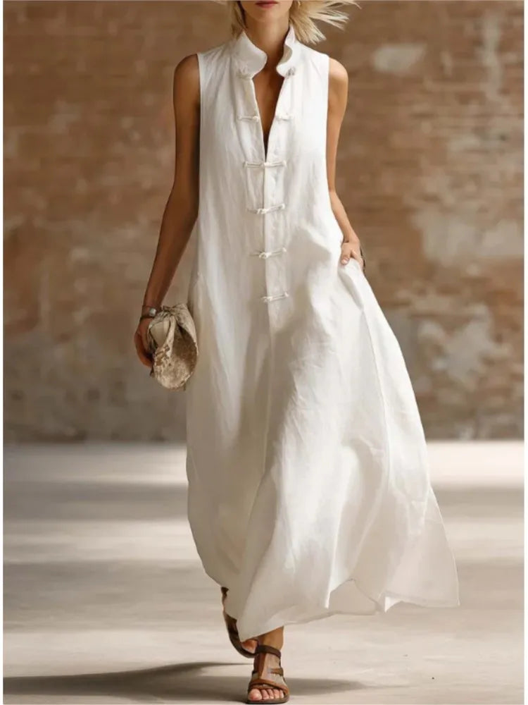 Women's Linen-Style Maxi Dress with Mandarin Collar and Frog Buttons, White, view 3