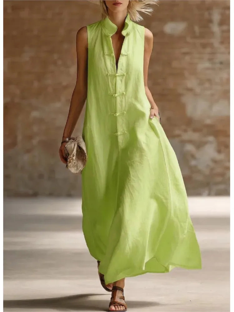Women's Linen-Style Maxi Dress with Mandarin Collar and Frog Buttons, Green, view 4