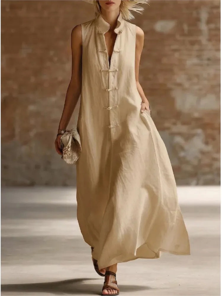 Women's Linen-Style Maxi Dress with Mandarin Collar and Frog Buttons, Khaki, view 5