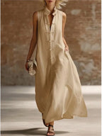 Women's Linen-Style Maxi Dress with Mandarin Collar and Frog Buttons, Khaki, view 5