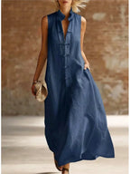 Women's Linen-Style Maxi Dress with Mandarin Collar and Frog Buttons, Navy Blue, view 6