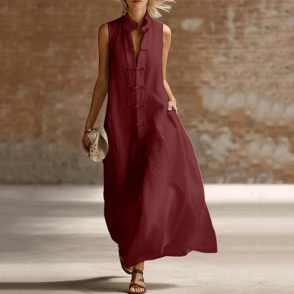 Women's Linen-Style Maxi Dress with Mandarin Collar and Frog Buttons, Red, view 7