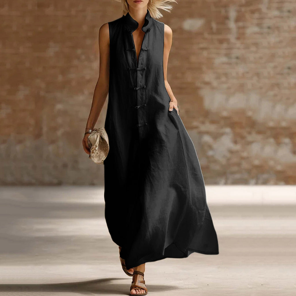 Women's Linen-Style Maxi Dress with Mandarin Collar and Frog Buttons, Black, view 8