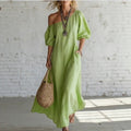 Women's Linen-Style Maxi Dress with Off-Shoulder Neckline, Green, view 1