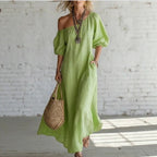 Women's Linen-Style Maxi Dress with Off-Shoulder Neckline, Green, view 1