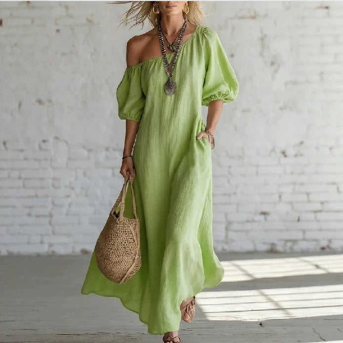 Women's Linen-Style Maxi Dress with Off-Shoulder Neckline, Green, view 1