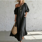 Women's Linen-Style Maxi Dress with Off-Shoulder Neckline, Black, view 2
